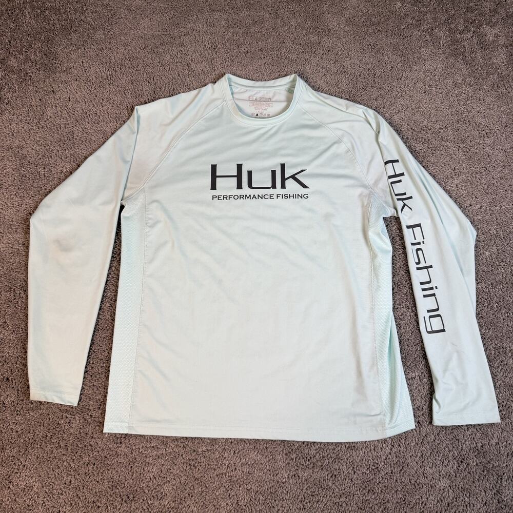 Huk Shirt Mens M Green Performance Fishing Graphic Crew Neck Polyester Tagless
